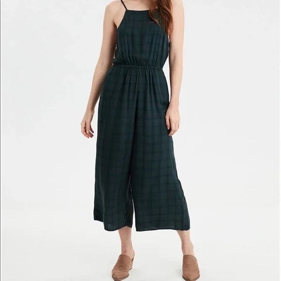 American Eagle Plaid Green High Neck Jumpsuit XS Vintage Y2K Dark Academia Fall - Picture 2 of 11